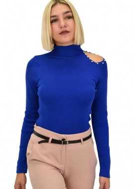 Potre OR - Γυναικείο πλεκτό τοπ με άνοιγμα στον ώμο με στρας Μπλε Ρουά 22003