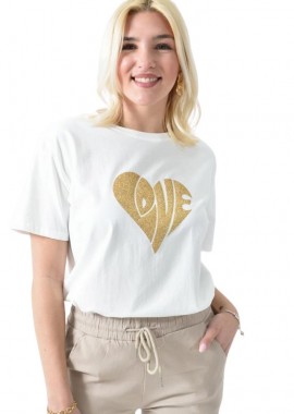Potre OR - Γυναικείο T-shirt με χρυσό τύπωμα καρδιά LOVE Λευκό 26387