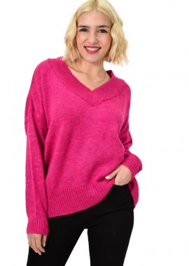 Potre OR - Πλεκτό πουλόβερ με V ντεκολτέ Φούξια 23119