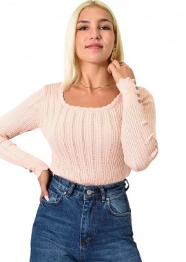 Potre OR - Πλεκτό τοπ POINTELLE με κουμπιά Απαλό Ροζ 25694