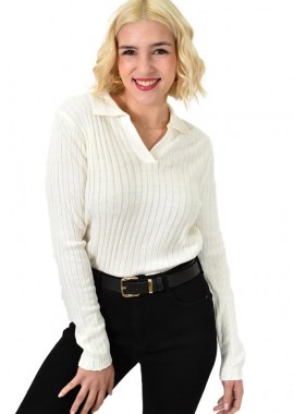 Potre OR - Γυναικεία μπλούζα ριπ με γιακά Εκρού 23065