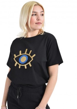 Potre OR - Γυναικείο T-shirt με χρυσό τύπωμα μάτι Μαύρο 26392
