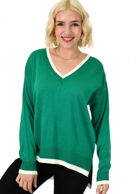 Potre OR - Γυναικείο πλεκτό με V λαιμόκομψη σε διχρωμία Πράσινο 23087