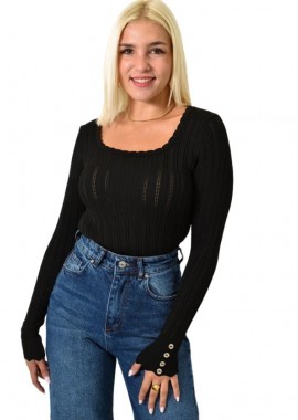 Potre OR - Πλεκτό τοπ POINTELLE με κουμπιά Μαύρο 25697