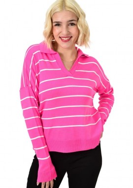 Potre OR - Πλεκτή ριγέ μπλούζα πόλο Ροζ 23069