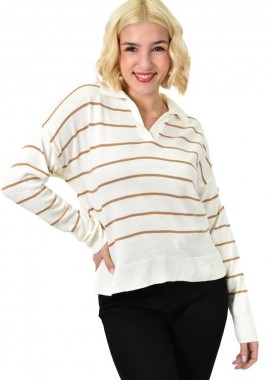Potre OR - Πλεκτή ριγέ μπλούζα πόλο Μπεζ 23072