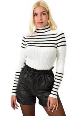 Potre OR - Γυναικείο πλεκτό τοπ με ρίγες Λευκό 25720