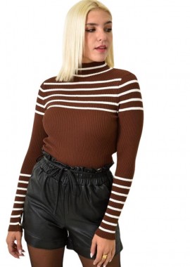 Potre OR - Γυναικείο πλεκτό τοπ με ρίγες Καφέ 25721