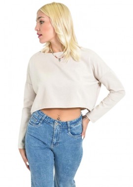 Potre OR - Γυναικείο Cropped Μπλουζάκι με Μακριά Μανίκια Εκρού 27113