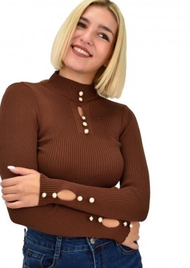 Potre OR - Γυναικείο πλεκτό τοπ με διακριτικά κουμπάκια Καφέ 22026