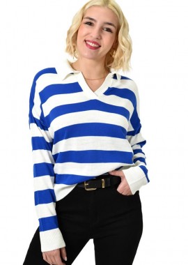 Potre OR - Μπλούζα με γιακά και φαρδιές ρίγες Μπλε Ρουά 23094