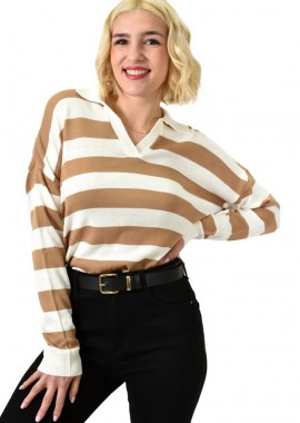 Potre OR - Μπλούζα με γιακά και φαρδιές ρίγες Μπεζ 23102