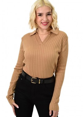 Potre OR - Γυναικεία μπλούζα ριπ με γιακά Μπεζ 23068