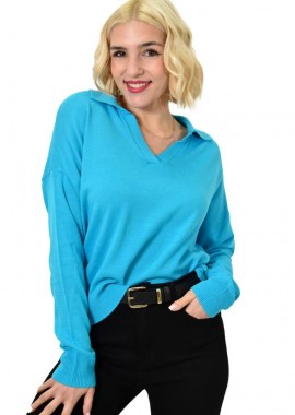 Potre OR - Μπλούζα με γιακά μονόχρωμη Γαλάζιο 23080