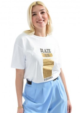 Potre OR - Γυναικείο T-shirt με σχέδιο BLAZE με Στρας & Πέρλες Λευκό 26421