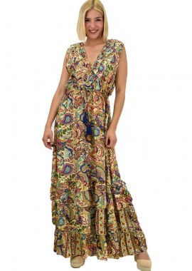 Potre OR - Γυναικείο μεταξωτό boho φόρεμα με βολάν Μπεζ 20640