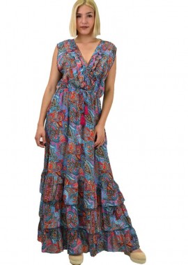 Potre OR - Γυναικείο μεταξωτό boho φόρεμα με βολάν Γαλάζιο 20638
