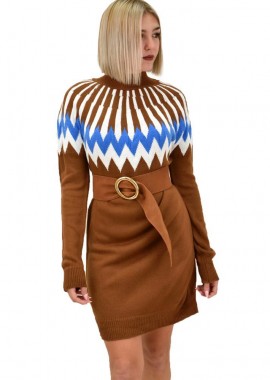 Potre OR - Γυναικείο πλεκτό φόρεμα με σχέδιο Καφέ 9015