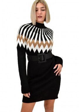 Potre OR - Γυναικείο πλεκτό φόρεμα με σχέδιο Μαύρο 9016