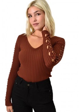 Potre OR - Τοπ με ανοίγματα στα μανίκια και πέρλες Καφέ 25744