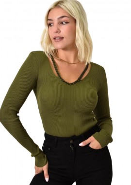 Potre OR - Τοπ με άνοιγμα στο μπούστο και πέρλες Λαδί 25750