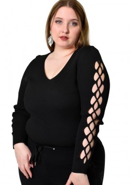 Potre OR - Γυναικείο Plus τοπ με διάτρητο μανίκι Μαύρο 21957