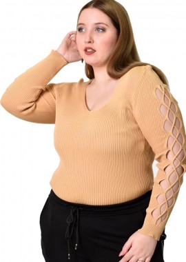 Potre OR - Γυναικείο Plus τοπ με διάτρητο μανίκι Μπεζ 21933