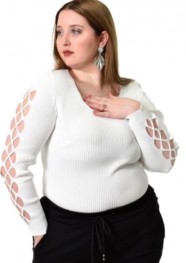 Potre OR - Γυναικείο Plus τοπ με διάτρητο μανίκι Λευκό 21937