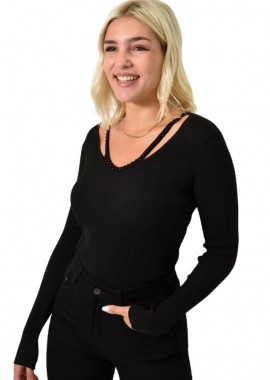 Potre OR - Τοπ με άνοιγμα στο μπούστο και πέρλες Μαύρο 25754