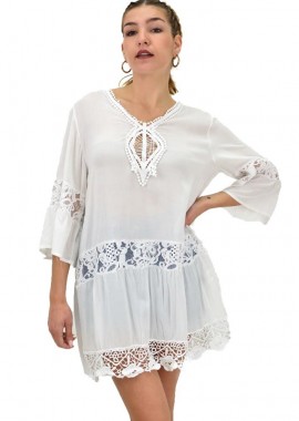 Potre OR - Γυναικεία φόρεμα- πουκαμίσα με μοτιφ Λευκό 20161