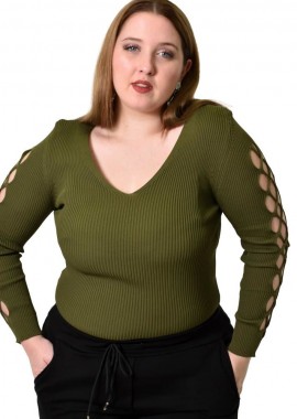 Potre OR - Γυναικείο Plus τοπ με διάτρητο μανίκι Λαδί 21956