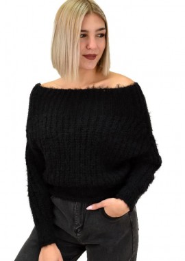 Caroon - Γυναικεία χνουδωτή πλεκτή μπλούζα τοπ Μαύρο 9404