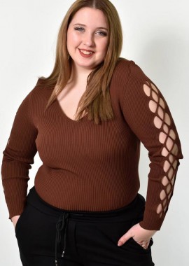 Potre OR - Γυναικείο Plus τοπ με διάτρητο μανίκι Καφέ 21955