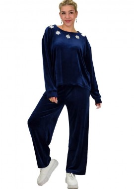 Potre OR - Γυναικείο σετ βελουτέ oversized με στρας Μπλε Σκούρο 22040