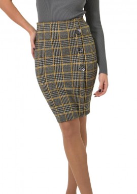 Potre OR - Κοντή καρό φούστα με κουμπιά Μουσταρδί 26182