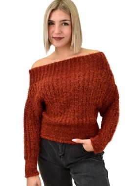 Caroon - Γυναικεία χνουδωτή πλεκτή μπλούζα τοπ Κεραμιδί 9403