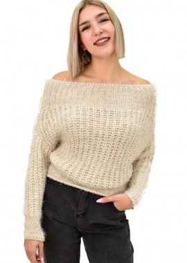 Caroon - Γυναικεία χνουδωτή πλεκτή μπλούζα τοπ Μπεζ 9402