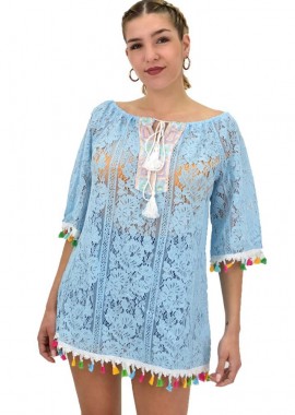 Potre OR - Γυναικεία μπλούζα με δαντέλα και φουντάκια Γαλάζιο 20207