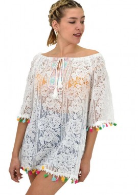 Potre OR - Γυναικεία μπλούζα με δαντέλα και φουντάκια Λευκό 20204