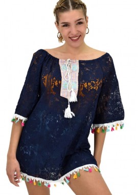 Potre OR - Γυναικεία μπλούζα με δαντέλα και φουντάκια Μπλε Σκούρο 20209