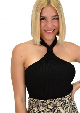 Potre OR - Γυναικείο τοπ ριπ με κόμπο στο λαιμό Μαύρο 20972
