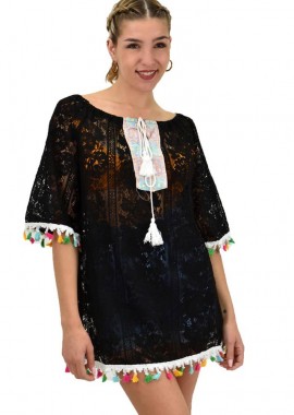 Potre OR - Γυναικεία μπλούζα με δαντέλα και φουντάκια Μαύρο 20205