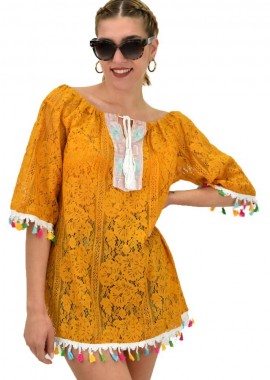 Potre OR - Γυναικεία μπλούζα με δαντέλα και φουντάκια Μουσταρδί 20206