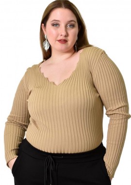 Potre OR - Γυναικείο Plus τοπ ριπ με V λαιμόκομψη Μπεζ 21883