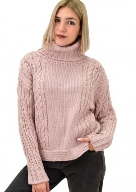 Caroon - Γυναικείο πουλόβερ ζιβάγκο με σχέδιο πλεξούδες Απαλό Ροζ 9364