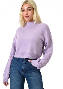 Caroon - Γυναικείο πλεκτό crop μονόχρωμο με σχέδιο πλεξούδες Λιλά 25809