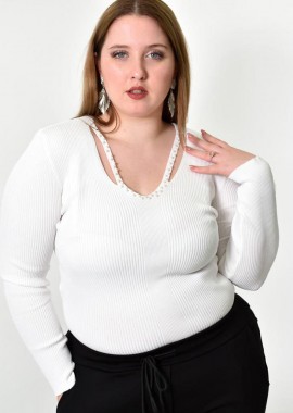 Potre OR - Γυναικείο Plus τοπ με άνοιγμα στο μπούστο και πέρλες Λευκό 21922