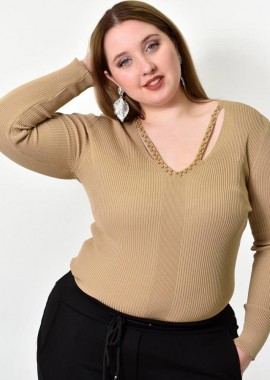 Potre OR - Γυναικείο Plus τοπ με άνοιγμα στο μπούστο και πέρλες Μπεζ 21917