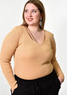 Potre OR - Γυναικείο Plus τοπ με άνοιγμα στο μπούστο και πέρλες Μπεζ 21913