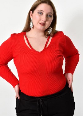 Potre OR - Γυναικείο Plus τοπ με άνοιγμα στο μπούστο και πέρλες Κόκκινο 21916